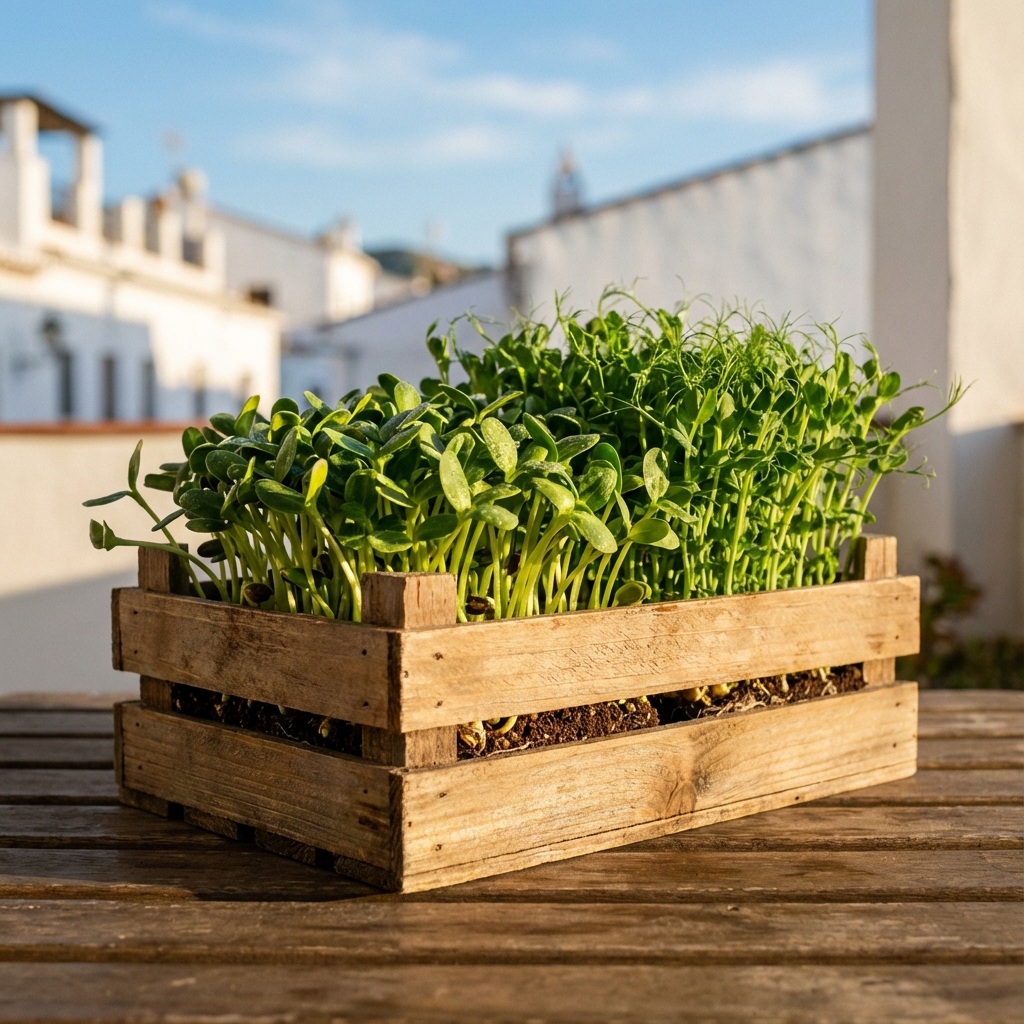 Wooden crate of fresh sunflower and pea microgreens with a view of Frigiliana white village in the background